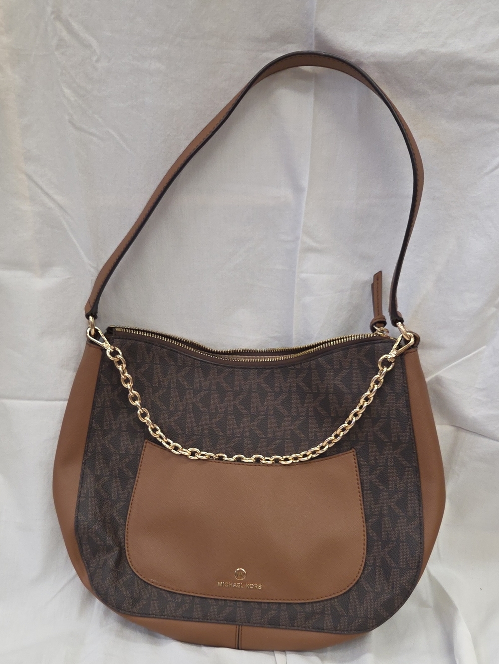 Michael Kors Edan MK Logo and Tan Leather Hobo with Gold Chain